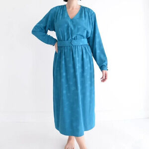 Vintage Teal Midi  Dress with Shoulder Pads & Belt